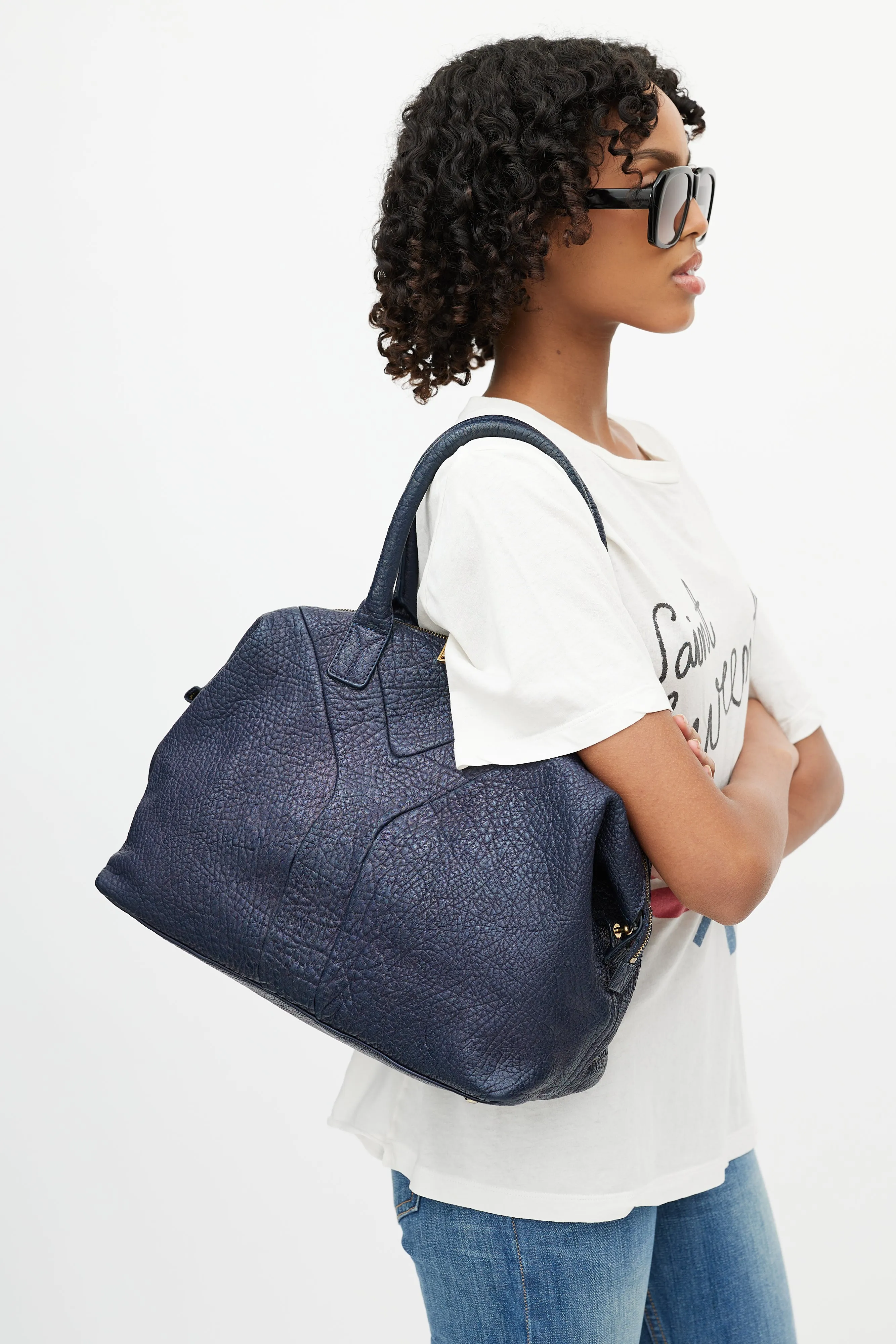 Blue Leather Easy Y Satchel Handbag