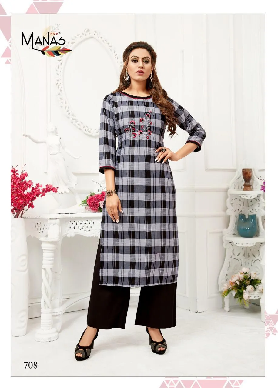 Manas Presents Checks Plazzo Rayon Daily Wear Kurtis Collection
