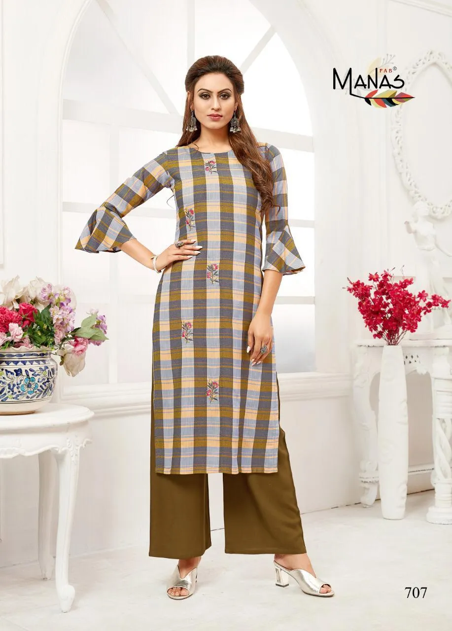 Manas Presents Checks Plazzo Rayon Daily Wear Kurtis Collection