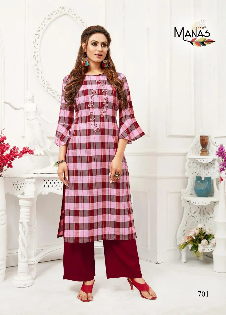 Manas Presents Checks Plazzo Rayon Daily Wear Kurtis Collection